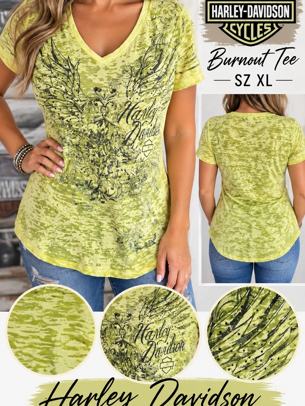 Harley-Davidson Lime Green Burnout V-Neck Tee with Black Graphic